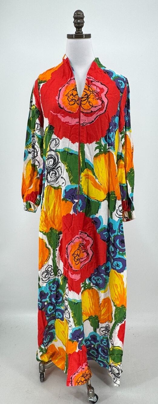 David Brown Vintage 1970s Psychedelic Floral Zip Front Caftan Dress Sz L